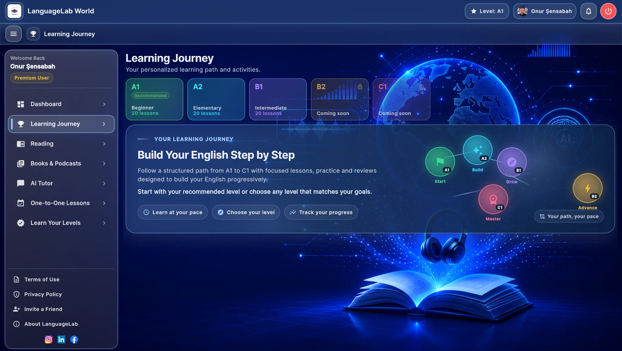 LanguageLab Learning Journey seviye seçimi, ders haritası ve ilerleme göstergesi