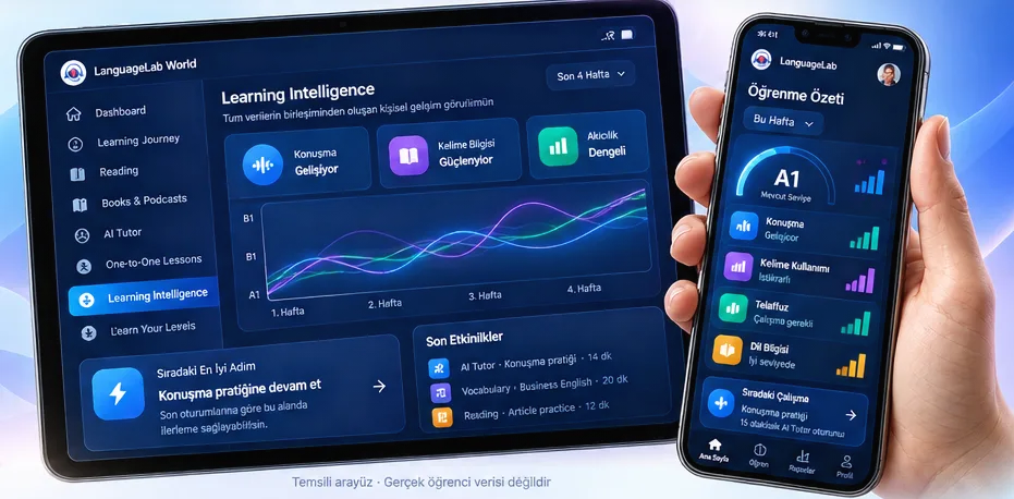 LanguageLab Learning Intelligence için koyu lacivert tablet ve elde tutulan telefon üzerinde temsili öğrenme gelişimi arayüzü