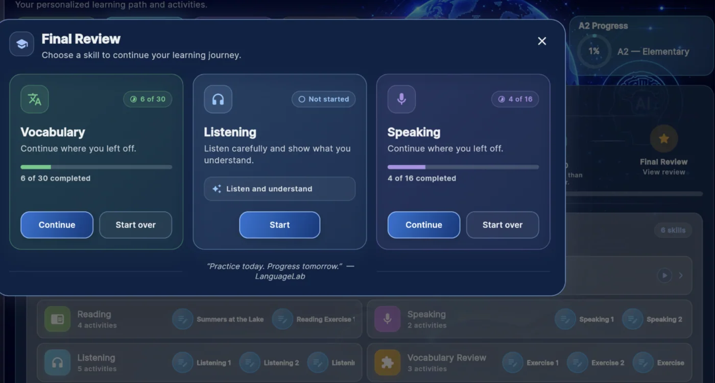 Vocabulary, Listening ve Speaking alanlarını içeren Final Review ekranı